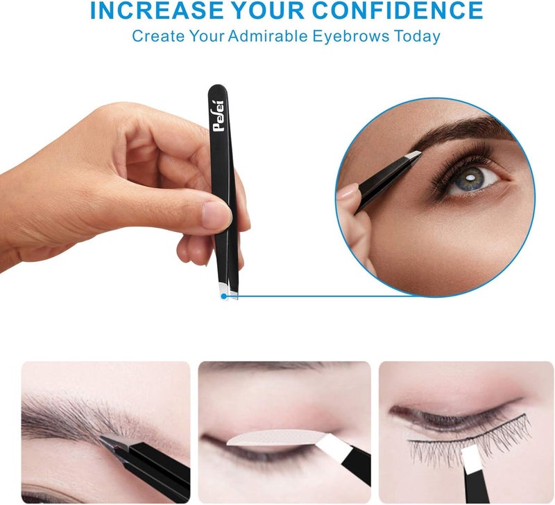 Pefei Tweezers Set - Professional Stainless Steel Tweezers for Eyebrows - Great Precision for Facial Hair, Splinter and Ingrown Hair Removal (Black) - Image 2